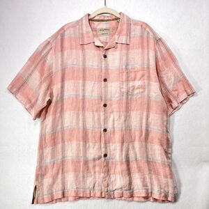 Tommy Bahama Linen Shirt Men Large Pink Plaid Camp Short Sleeve Breathable